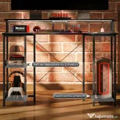 HOMCOM Birou Reversibil pentru Calculator cu Prize, Lumini LED, Suport Dublu și Rafturi Reglabile, 120x50x89,5 cm, Negru | Aosom Romania
