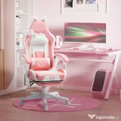 HOMCOM Scaun de Gaming Ergonomic cu Urechi de Pisică, Suport pentru Picioare și Suport Lombar, 65x62x116-124 cm, Roz | Aosom Romania