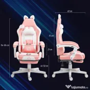 HOMCOM Scaun de Gaming Ergonomic cu Urechi de Pisică, Suport pentru Picioare și Suport Lombar, 65x62x116-124 cm, Roz | Aosom Romania