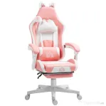 HOMCOM Scaun de Gaming Ergonomic cu Urechi de Pisică, Suport pentru Picioare, Suport Lombar și pentru Gât, Roz