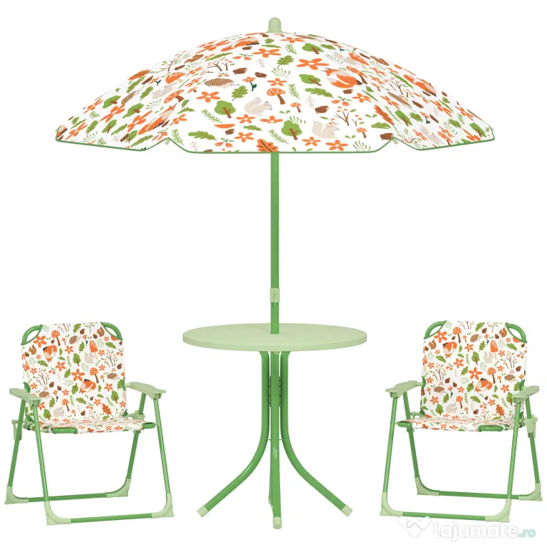 AIYAPLAY Set de Mobilier de Grădină din 4 Piese cu Masă, Scaune și Umbrelă de Soare Reglabilă, 50xΦ49,5 cm, Verde | Aosom Romania
