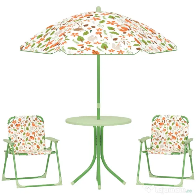 AIYAPLAY Set de Mobilier de Grădină din 4 Piese cu Masă, Scaune și Umbrelă de Soare Reglabilă, 50xΦ49,5 cm, Verde | Aosom Romania