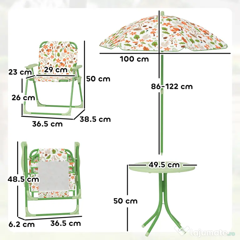 AIYAPLAY Set de Mobilier de Grădină din 4 Piese cu Masă, Scaune și Umbrelă de Soare Reglabilă, 50xΦ49,5 cm, Verde | Aosom Romania