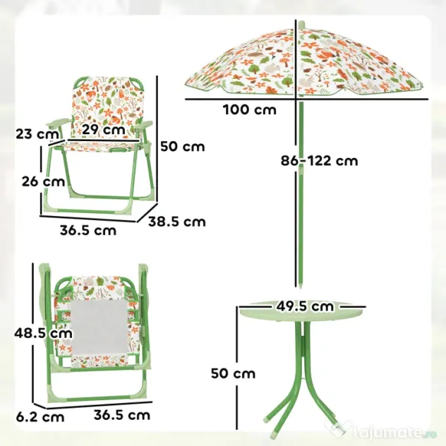 AIYAPLAY Set de Mobilier de Grădină din 4 Piese cu Masă, Scaune și Umbrelă de Soare Reglabilă, 50xΦ49,5 cm, Verde | Aosom Romania