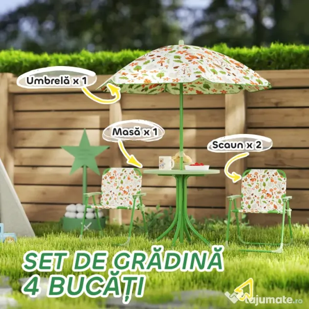 AIYAPLAY Set de Mobilier de Grădină din 4 Piese cu Masă, Scaune și Umbrelă de Soare Reglabilă, 50xΦ49,5 cm, Verde | Aosom Romania