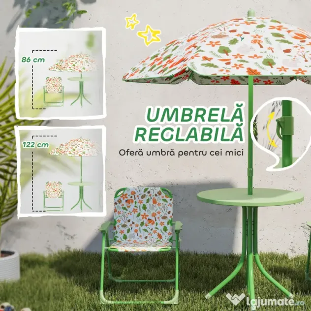 AIYAPLAY Set de Mobilier de Grădină din 4 Piese cu Masă, Scaune și Umbrelă de Soare Reglabilă, 50xΦ49,5 cm, Verde | Aosom Romania