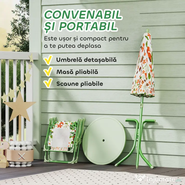 AIYAPLAY Set de Mobilier de Grădină din 4 Piese cu Masă, Scaune și Umbrelă de Soare Reglabilă, 50xΦ49,5 cm, Verde | Aosom Romania