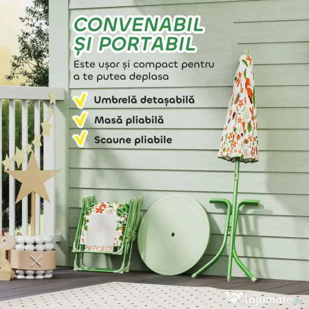 AIYAPLAY Set de Mobilier de Grădină din 4 Piese cu Masă, Scaune și Umbrelă de Soare Reglabilă, 50xΦ49,5 cm, Verde | Aosom Romania