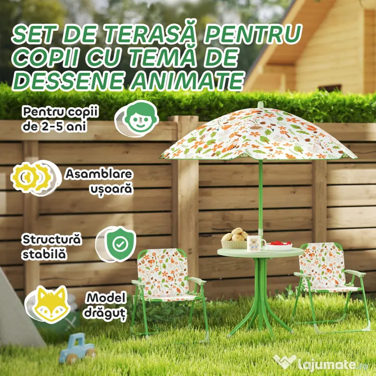 AIYAPLAY Set de Mobilier de Grădină din 4 Piese cu Masă, Scaune și Umbrelă de Soare Reglabilă, 50xΦ49,5 cm, Verde | Aosom Romania