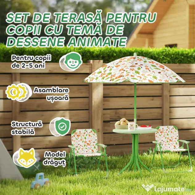 AIYAPLAY Set de Mobilier de Grădină din 4 Piese cu Masă, Scaune și Umbrelă de Soare Reglabilă, 50xΦ49,5 cm, Verde | Aosom Romania