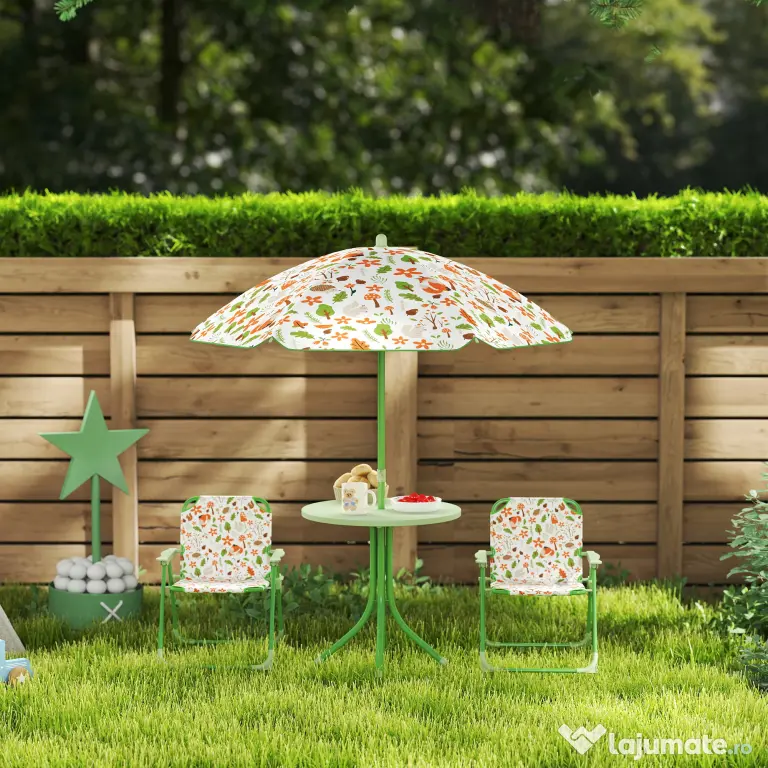 AIYAPLAY Set de Mobilier de Grădină din 4 Piese cu Masă, Scaune și Umbrelă de Soare Reglabilă, 50xΦ49,5 cm, Verde | Aosom Romania