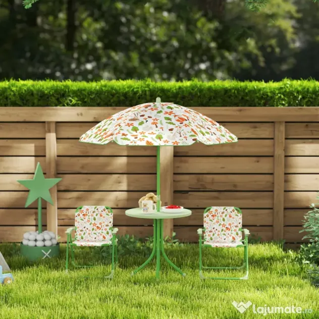 AIYAPLAY Set de Mobilier de Grădină din 4 Piese cu Masă, Scaune și Umbrelă de Soare Reglabilă, 50xΦ49,5 cm, Verde | Aosom Romania