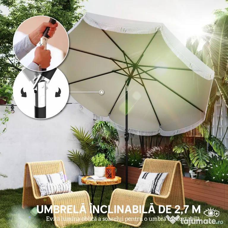 Outsunny Umbrelă de Grădină Inclinabilă 2.7x2.7 m cu Manivelă, Umbrelă Rotundă de Exterior cu 8 Spițe, din Metal și Poliester, pentru Curte sau Balcon, UV 30+, Gri Deschis | Aosom Romania