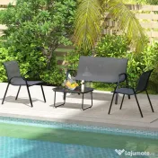 Outsunny Set Mobilier de Grădină din 4 Piese cu Canapea, 2 Scaune Stivuibile și Măsuță de Cafea, 113x66x79 cm, Negru | Aosom Romania 