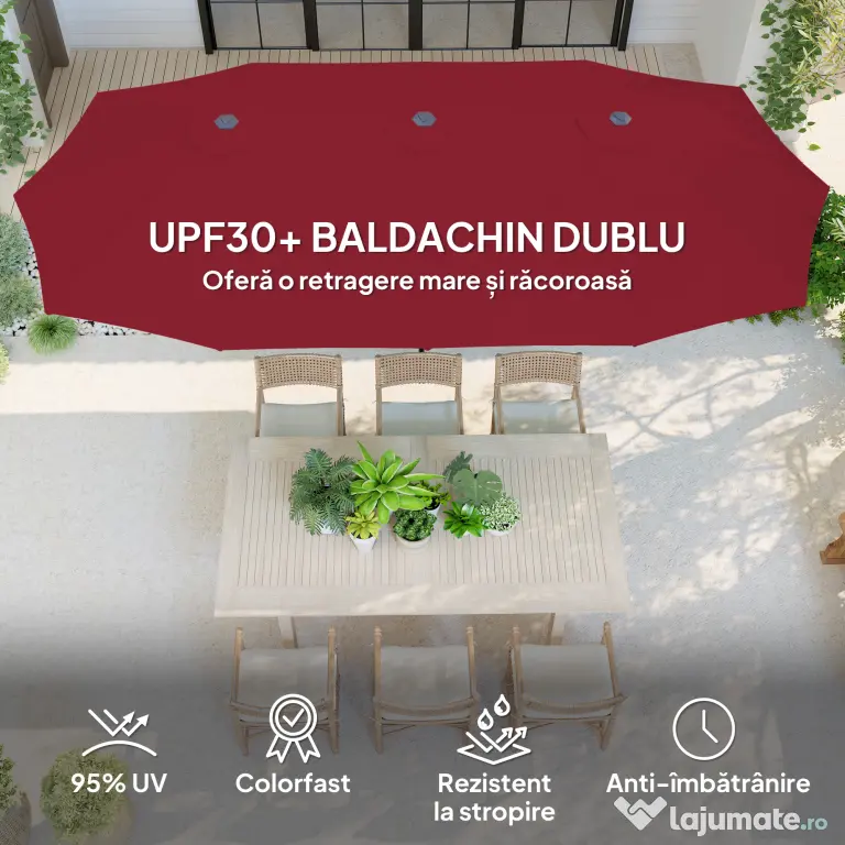 Outsunny Umbrelă Dublă de Grădină cu 12 Spițe, Orificii de Ventilație și Manivelă, 400x220x234 cm, Roșu Vin | Aosom Romania