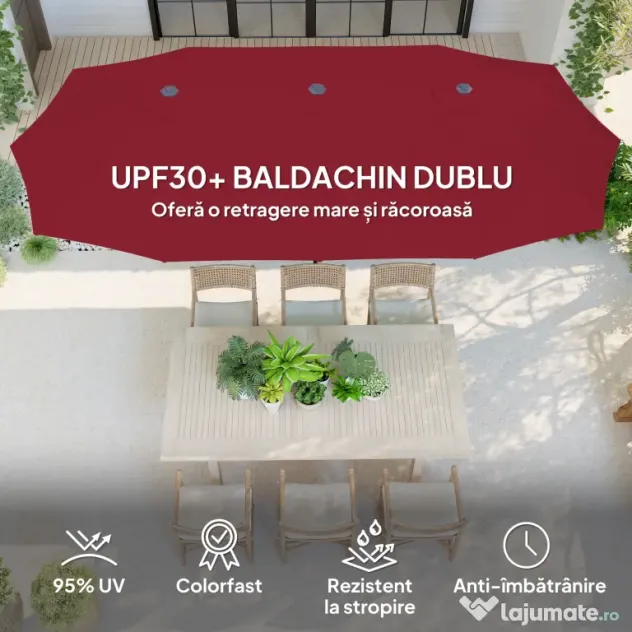 Outsunny Umbrelă Dublă de Grădină cu 12 Spițe, Orificii de Ventilație și Manivelă, 400x220x234 cm, Roșu Vin | Aosom Romania