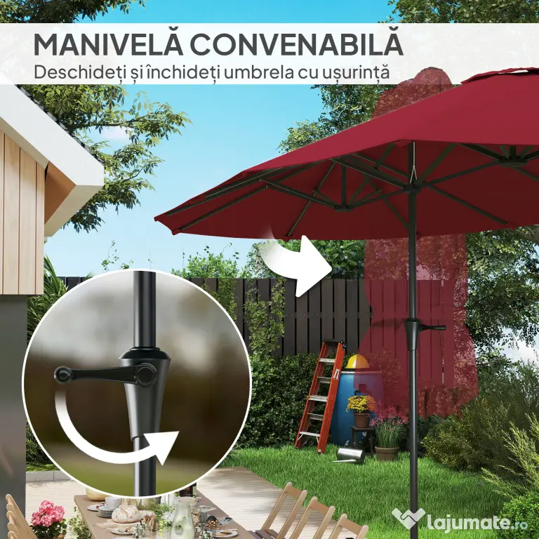 Outsunny Umbrelă Dublă de Grădină cu 12 Spițe, Orificii de Ventilație și Manivelă, 400x220x234 cm, Roșu Vin | Aosom Romania