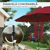 Outsunny Umbrelă Dublă de Grădină cu 12 Spițe, Orificii de Ventilație și Manivelă, 400x220x234 cm, Roșu Vin | Aosom Romania 