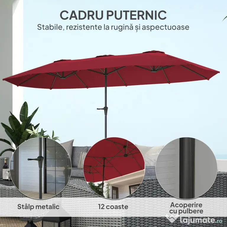 Outsunny Umbrelă Dublă de Grădină cu 12 Spițe, Orificii de Ventilație și Manivelă, 400x220x234 cm, Roșu Vin | Aosom Romania