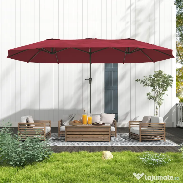 Outsunny Umbrelă Dublă de Grădină cu 12 Spițe, Orificii de Ventilație și Manivelă, 400x220x234 cm, Roșu Vin | Aosom Romania