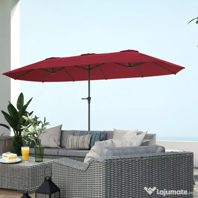 Outsunny Umbrelă Dublă de Grădină cu 12 Spițe, Orificii de Ventilație și Manivelă, 400x220x234 cm, Roșu Vin | Aosom Romania