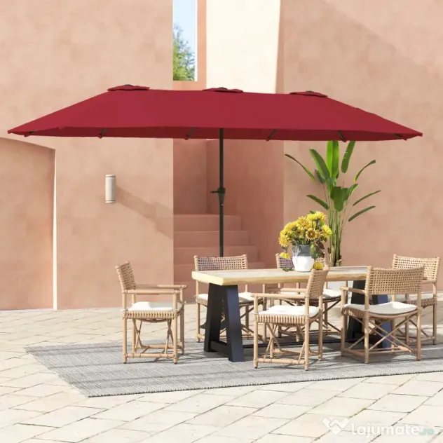 Outsunny Umbrelă Dublă de Grădină cu 12 Spițe, Orificii de Ventilație și Manivelă, 400x220x234 cm, Roșu Vin | Aosom Romania