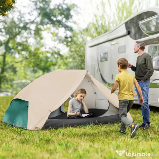 Outsunny Cort de Camping pentru 2 Persoane cu 2 Uși, 2 Ferestre cu Plasă și Geantă de Transport, 280x225x110 cm, Bej | Aosom Romania