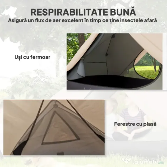 Outsunny Cort de Camping pentru 2 Persoane cu 2 Uși, 2 Ferestre cu Plasă și Geantă de Transport, 280x225x110 cm, Bej | Aosom Romania