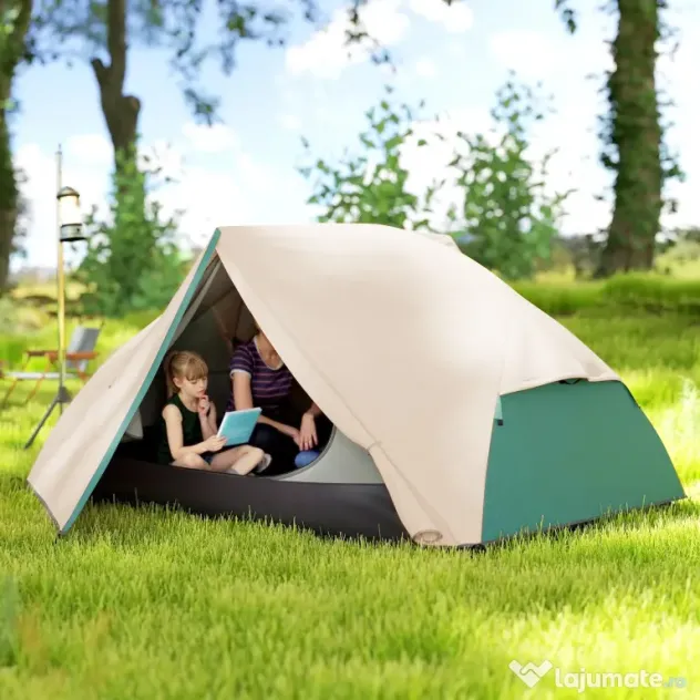 Outsunny Cort de Camping pentru 2 Persoane cu 2 Uși, 2 Ferestre cu Plasă și Geantă de Transport, 280x225x110 cm, Bej | Aosom Romania