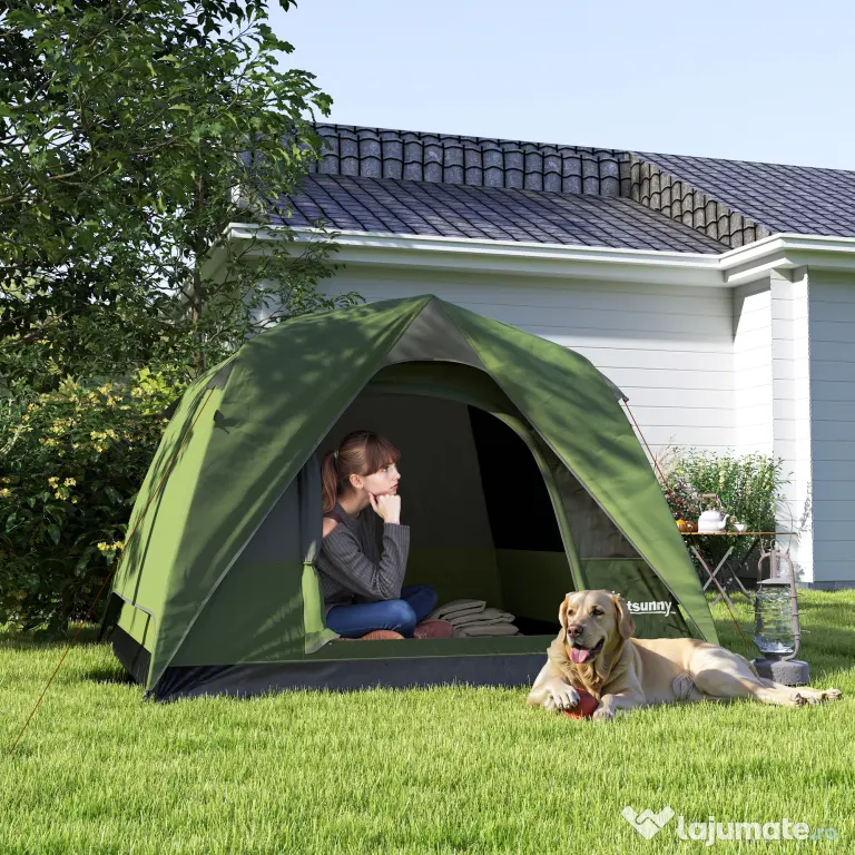 Outsunny Cort de Camping pentru 3 Persoane cu Buzunare și Geantă de Transport, 200x200x135 cm, Verde | Aosom Romania