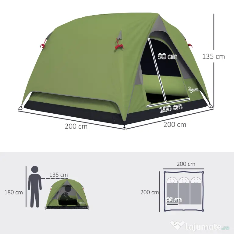Outsunny Cort de Camping pentru 3 Persoane cu Buzunare și Geantă de Transport, 200x200x135 cm, Verde | Aosom Romania