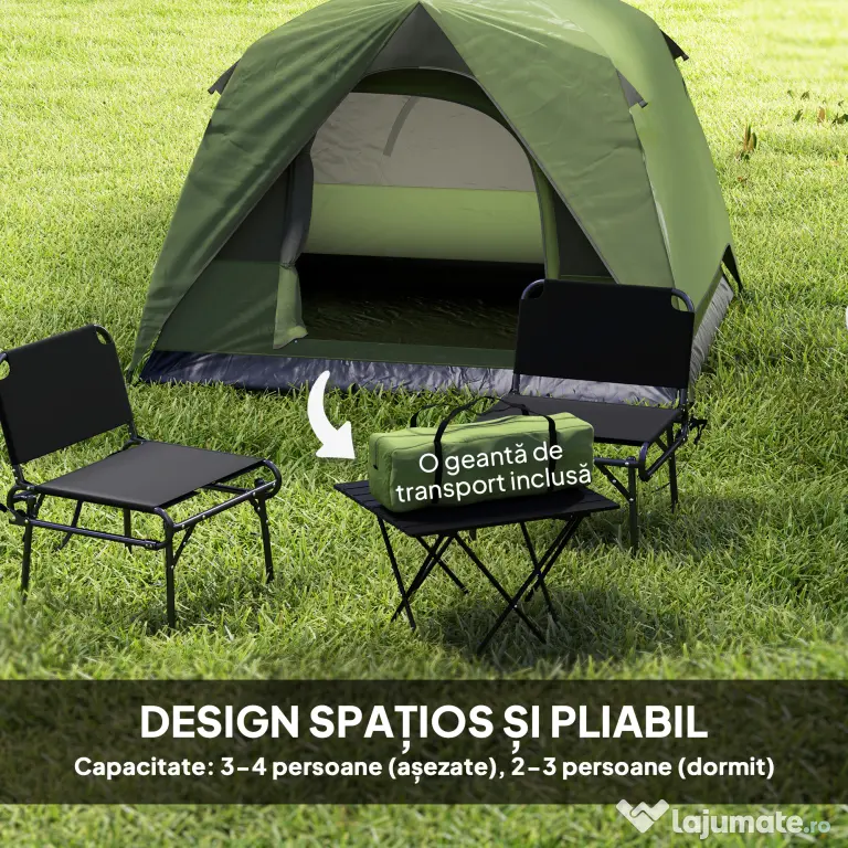 Outsunny Cort de Camping pentru 3 Persoane cu Buzunare și Geantă de Transport, 200x200x135 cm, Verde | Aosom Romania
