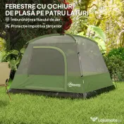Outsunny Cort de Camping pentru 3 Persoane cu Buzunare și Geantă de Transport, 200x200x135 cm, Verde | Aosom Romania 