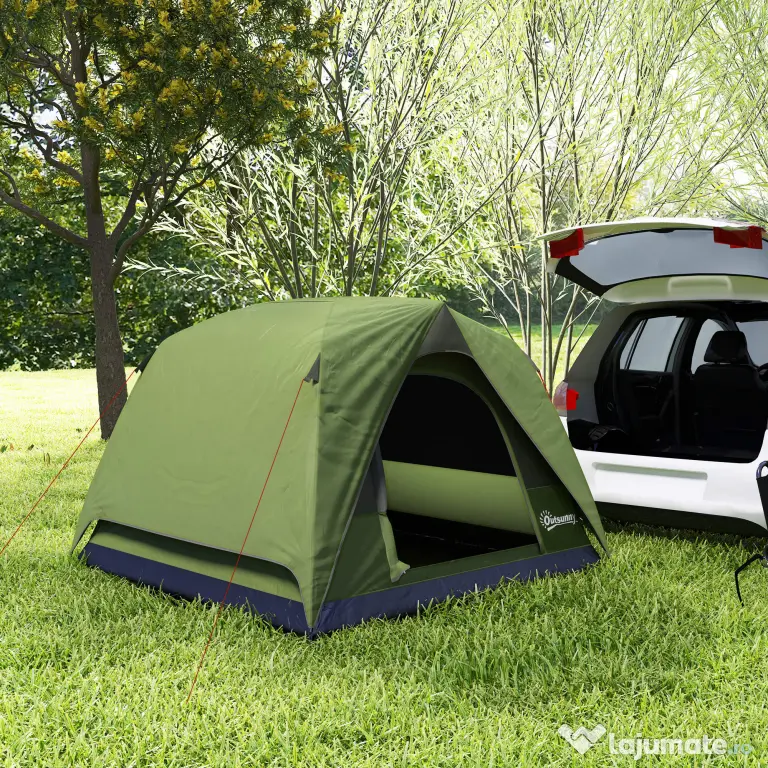 Outsunny Cort de Camping pentru 3 Persoane cu Buzunare și Geantă de Transport, 200x200x135 cm, Verde | Aosom Romania