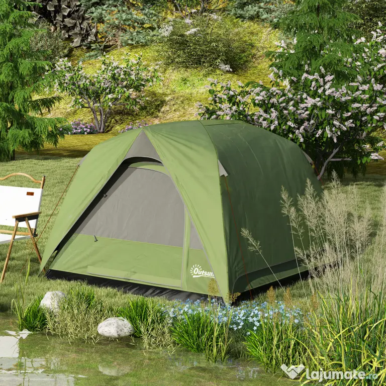 Outsunny Cort de Camping pentru 3 Persoane cu Buzunare și Geantă de Transport, 200x200x135 cm, Verde | Aosom Romania