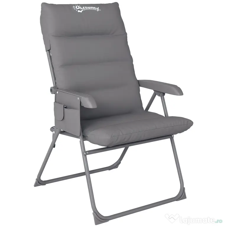Outsunny Scaun de Camping Pliabil cu Spătar Înalt Reglabil în 5 Poziții și Buzunare Laterale, 66x58x105 cm, Gri Deschis | Aosom Romania