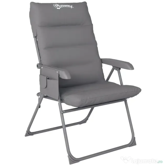 Outsunny Scaun de Camping Pliabil cu Spătar Înalt Reglabil în 5 Poziții și Buzunare Laterale, 66x58x105 cm, Gri Deschis | Aosom Romania