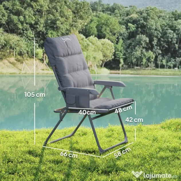Outsunny Scaun de Camping Pliabil cu Spătar Înalt Reglabil în 5 Poziții și Buzunare Laterale, 66x58x105 cm, Gri Deschis | Aosom Romania