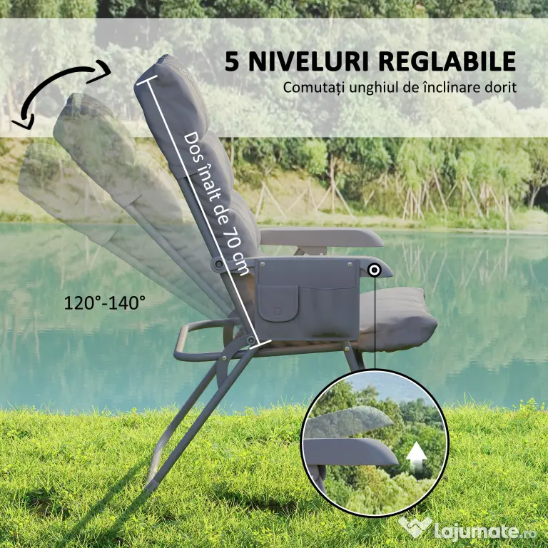 Outsunny Scaun de Camping Pliabil cu Spătar Înalt Reglabil în 5 Poziții și Buzunare Laterale, 66x58x105 cm, Gri Deschis | Aosom Romania