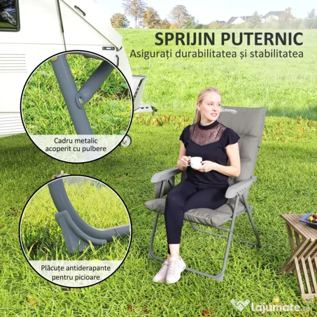 Outsunny Scaun de Camping Pliabil cu Spătar Înalt Reglabil în 5 Poziții și Buzunare Laterale, 66x58x105 cm, Gri Deschis | Aosom Romania