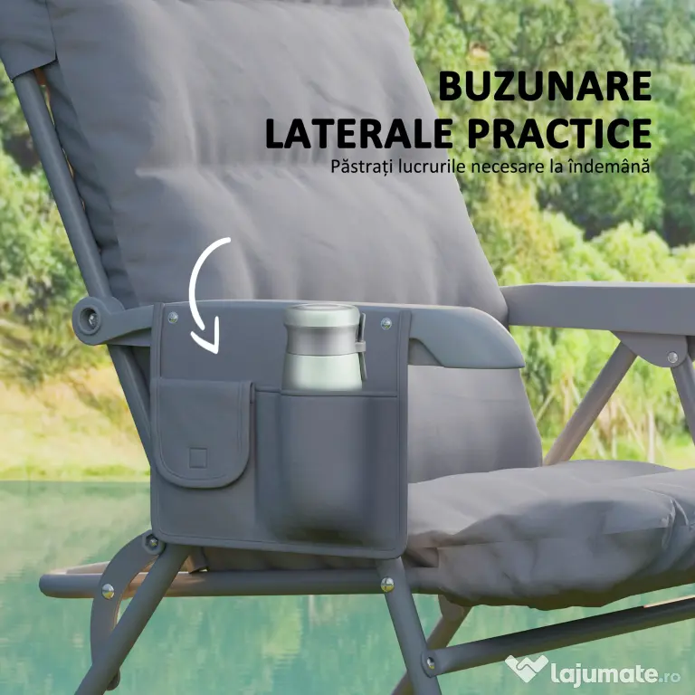 Outsunny Scaun de Camping Pliabil cu Spătar Înalt Reglabil în 5 Poziții și Buzunare Laterale, 66x58x105 cm, Gri Deschis | Aosom Romania