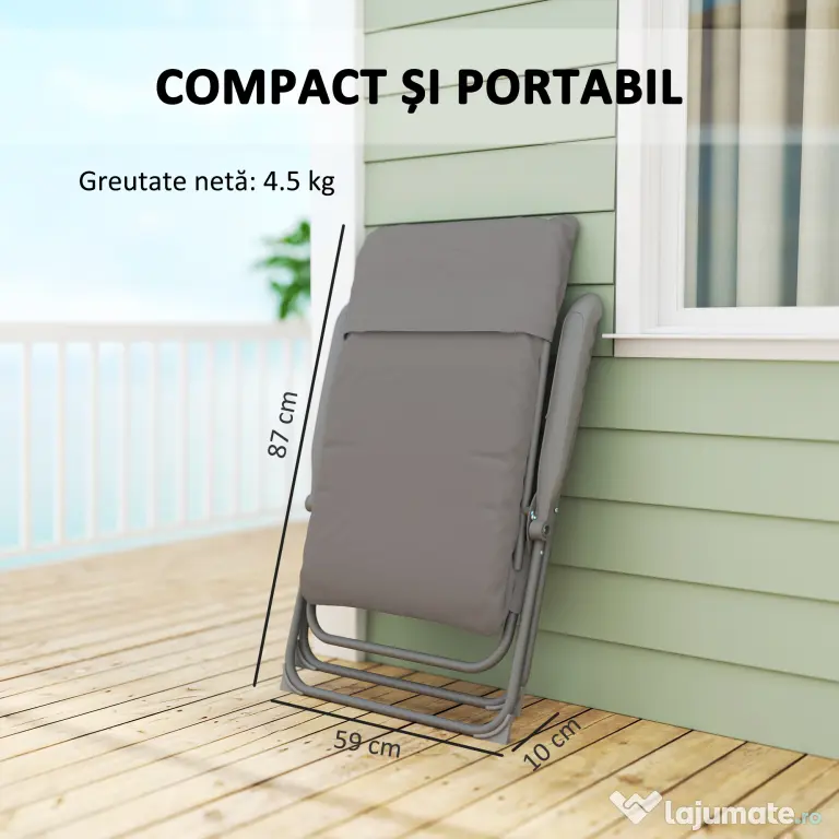 Outsunny Scaun de Camping Pliabil cu Spătar Înalt Reglabil în 5 Poziții și Buzunare Laterale, 66x58x105 cm, Gri Deschis | Aosom Romania
