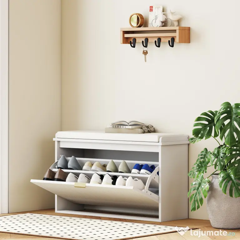 HOMCOM Bancă pentru Pantofi cu Raft Interior Reglabil și Detașabil, 80x26x47.5 cm, Alb și Bej | Aosom Romania