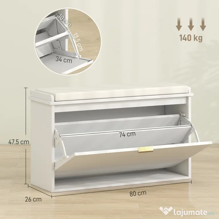 HOMCOM Bancă pentru Pantofi cu Raft Interior Reglabil și Detașabil, 80x26x47.5 cm, Alb și Bej | Aosom Romania