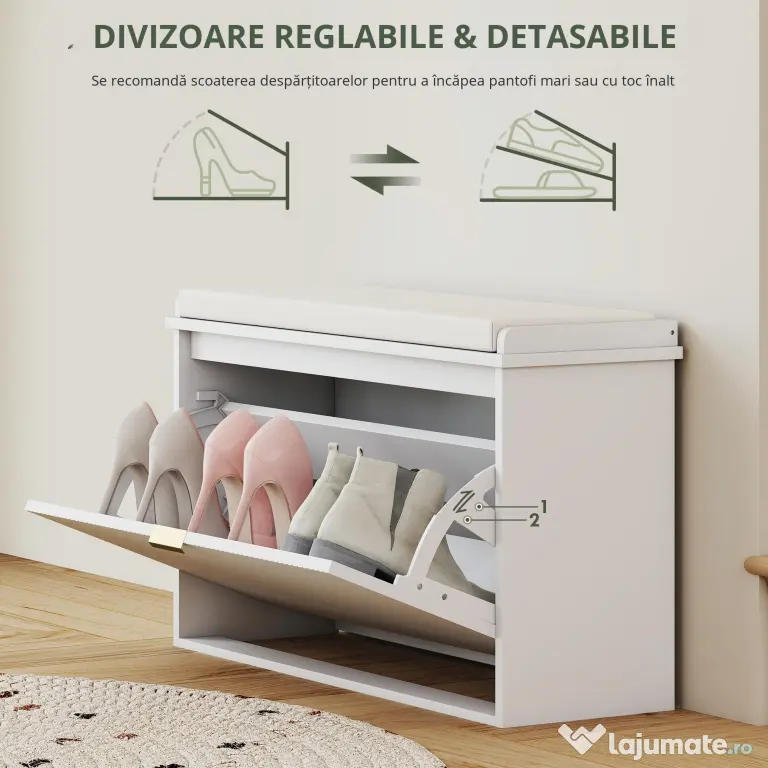 HOMCOM Bancă pentru Pantofi cu Raft Interior Reglabil și Detașabil, 80x26x47.5 cm, Alb și Bej | Aosom Romania