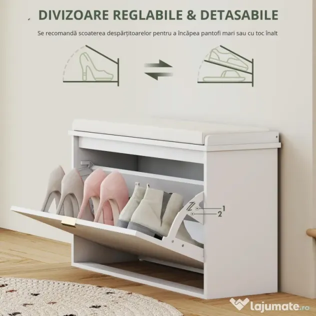 HOMCOM Bancă pentru Pantofi cu Raft Interior Reglabil și Detașabil, 80x26x47.5 cm, Alb și Bej | Aosom Romania