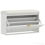 HOMCOM Bancă Scarpieră cu Raft Intern, din Lemn și Țesătură cu Efect de In, 80x26x47.5 cm, Alb și Bej