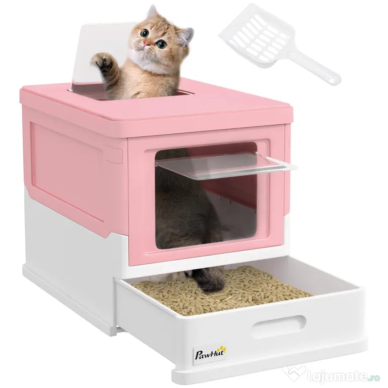 PawHut Litieră Acoperită pentru Pisici cu Lopățică Inclusă, Tavă Detașabilă și 2 Uși, 47,5x35,5x36,7 cm, Roz | Aosom Romania