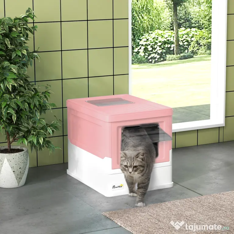 PawHut Litieră Acoperită pentru Pisici cu Lopățică Inclusă, Tavă Detașabilă și 2 Uși, 47,5x35,5x36,7 cm, Roz | Aosom Romania