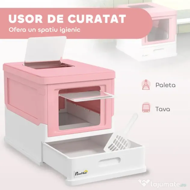 PawHut Litieră Acoperită pentru Pisici cu Lopățică Inclusă, Tavă Detașabilă și 2 Uși, 47,5x35,5x36,7 cm, Roz | Aosom Romania